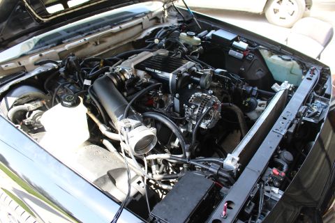 2003 Ford Crown Victoria - Engine bay view with a Kenne Bell supercharger, alternator and a large aluminum intake elbow over the radiator support.