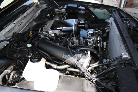 2003 Ford Crown Victoria - Engine bay featuring a Kenne Bell supercharger, alternator and a large black air intake tube with a polished filter housing.