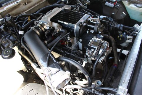 2003 Ford Crown Victoria - Detail of a V8 engine fitted with a black Kenne Bell supercharger, polished alternator and braided lines under the hood.