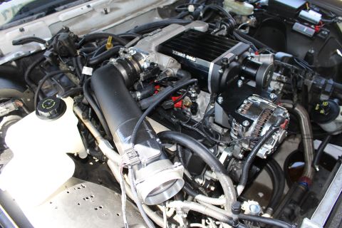 2003 Ford Crown Victoria - Close view of a V8 topped with a black Kenne Bell supercharger, chrome alternator and braided fuel lines.