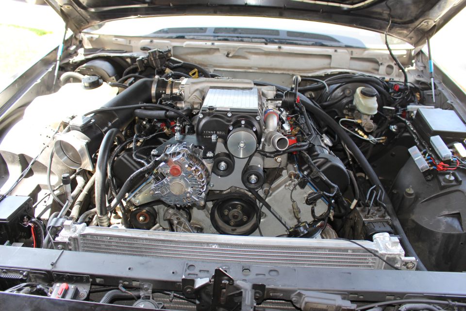 V8 engine bay with Kenne Bell supercharger, chrome alternator and radiator