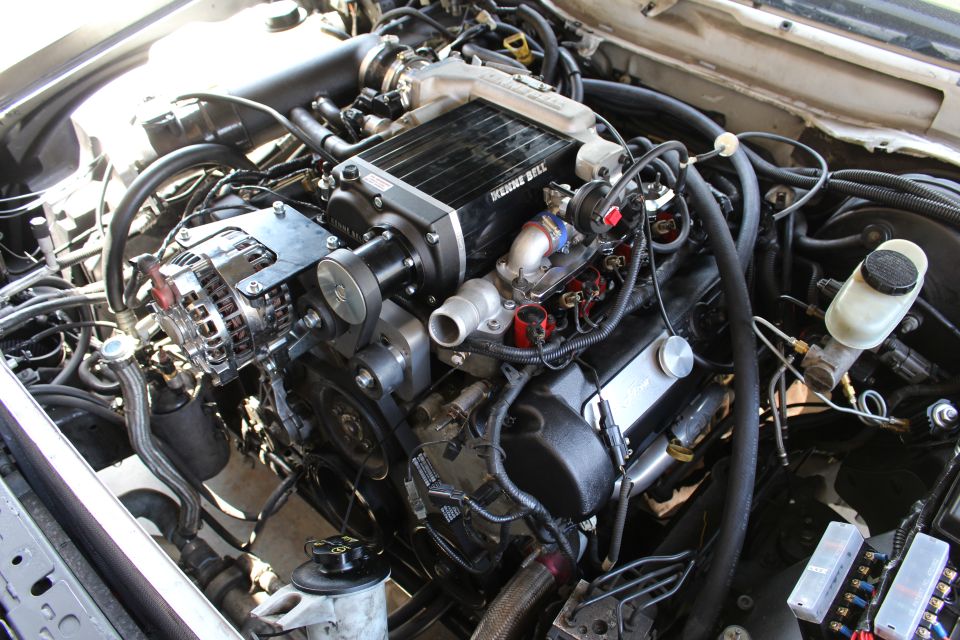 Engine bay with Kenne Bell supercharger, throttle body and brake master cylinder