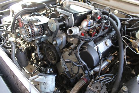 2003 Ford Crown Victoria - close view of an engine with a chrome alternator, black supercharger drive pulleys and an oil filter at lower left.