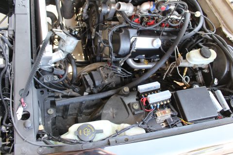 2003 Ford Crown Victoria - engine bay viewed from the front showing a coolant reservoir, fuse box, black valve cover and routed hoses.