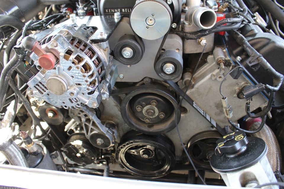 Chrome alternator, crank pulley and drive pulleys below Kenne Bell supercharger