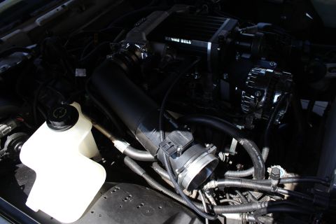 2003 Ford Crown Victoria - black intake tube routed to a supercharger inlet, with a white coolant reservoir and black alternator nearby.