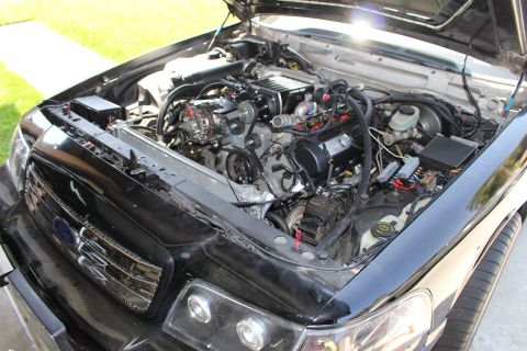2003 Ford Crown Victoria - Open engine bay of a black Ford-badged car under a garage light, with the radiator support removed and intake plumbing exposed.