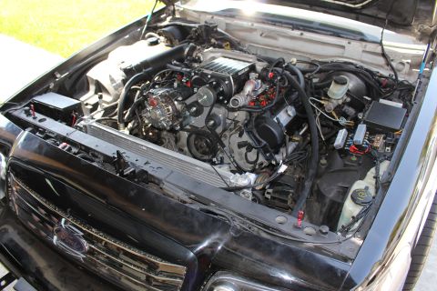 2003 Ford Crown Victoria - Front engine compartment of a black Ford car with the core support stripped, showing the engine, alternator and coolant reservoir.
