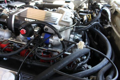 2003 Ford Crown Victoria - Top-end engine shot of a Kenne Bell supercharger, finned heat exchanger and red ignition coils surrounded by black hoses.