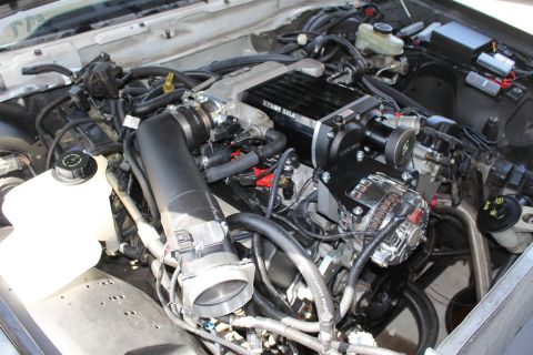 2003 Ford Crown Victoria - Engine bay view showing a large black intake tube, chrome alternator and supercharger in a light-colored car.