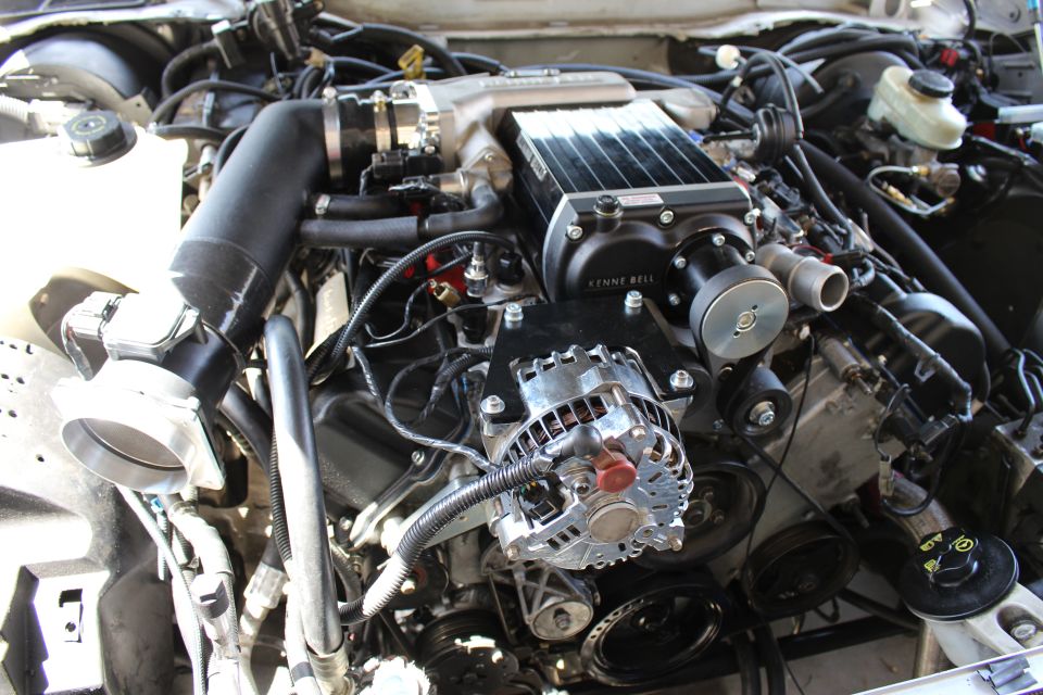 Kenne Bell supercharged engine with chrome alternator and pulleys