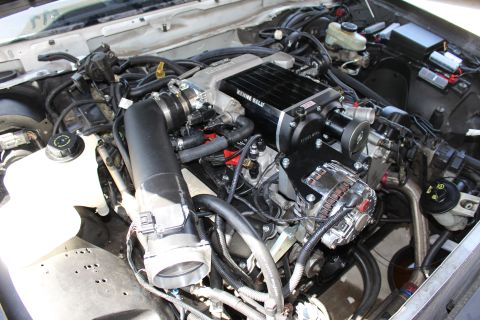 2003 Ford Crown Victoria - Engine bay featuring a Kenne Bell supercharger, chrome alternator and a large black intake tube running to the throttle body.