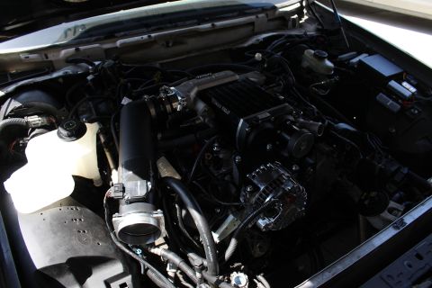 2003 Ford Crown Victoria - Engine compartment showing a supercharged motor, black intake tube and translucent coolant reservoir in a light-colored car.