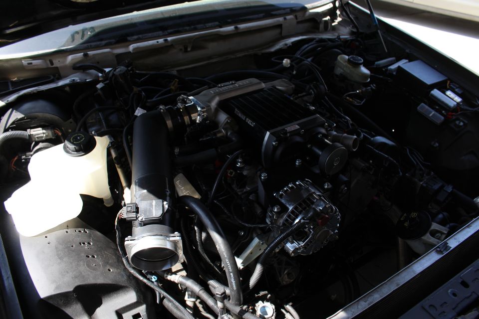 Engine bay with supercharger, intake tube and coolant reservoir