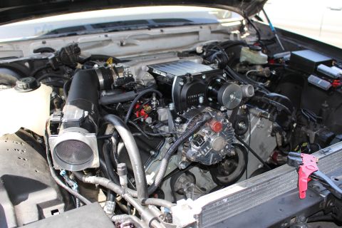 2003 Ford Crown Victoria - Engine bay with a Kenne Bell supercharger, chrome alternator, large intake throttle body and a red tow hook at lower right.