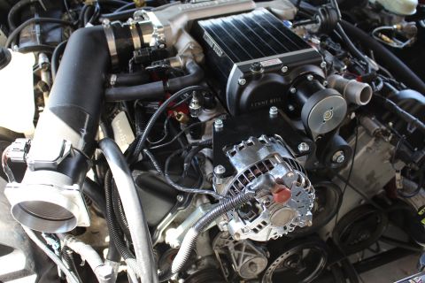 2003 Ford Crown Victoria - Engine bay angle showing a Kenne Bell supercharger, large black intake hose and chrome alternator among hoses and wiring.