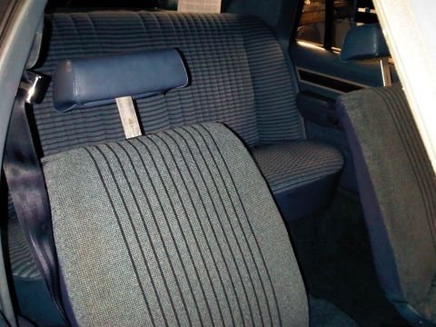 1981 Ford Crown Victoria - Interior view of rear seats with striped fabric and headrests.