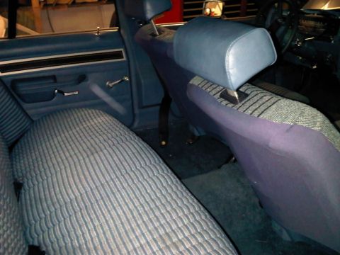 1981 Ford Crown Victoria - Interior view of a car's back seat and door panel, showing blue upholstery and trim.