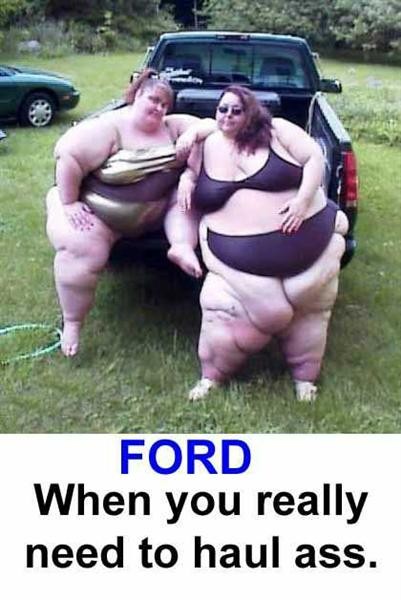 1973 Ford Ranchero - This image features two women posing with a pickup truck, accompanied by text that reads 'FORD When you really need to haul ass'.