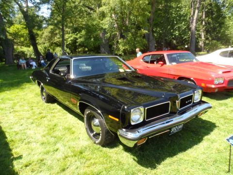 1971 Ford Ranchero - A black muscle car with a prominent GTO badge is parked on a grassy field next to a red car.