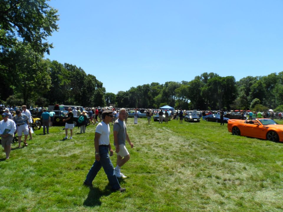 Outdoor car show with many vehicles and people gathered on a sunny day. An orange convertible is in the foreground