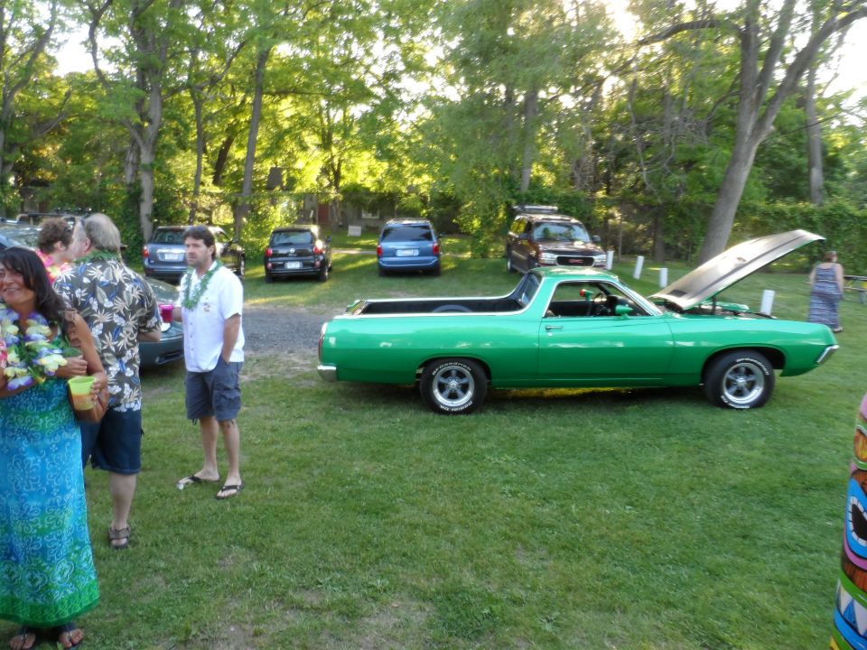 Green pickup truck with hood open, parked on grass with trees in background