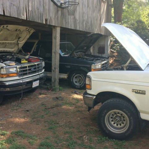 1995 Ford Bronco - Three 1995 Ford Broncos are parked with their hoods open, suggesting maintenance or repair work is underway.