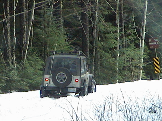 Rear of a Jeep Wrangler with spare tire and roof rack on a snowy forest road