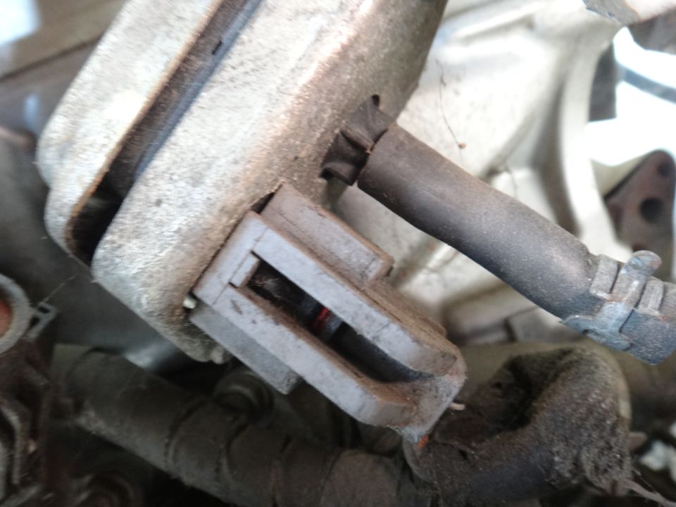 Close-up of a gray electrical connector plugged into a dirty engine component, with a black hose attached