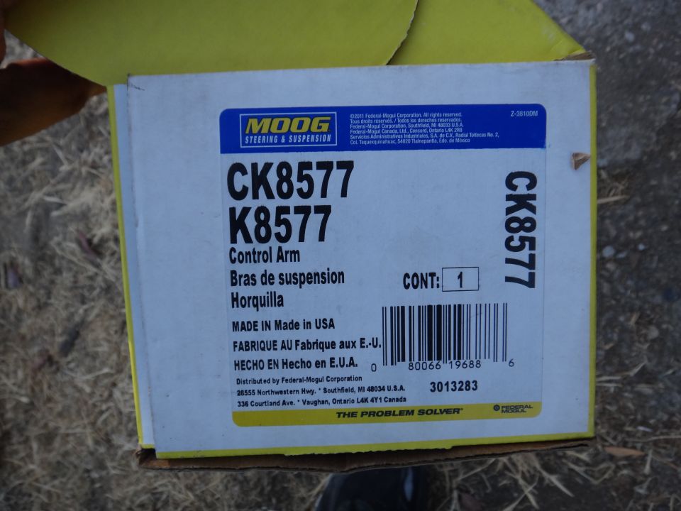 Cardboard box for MOOG CK8577 control arm, Made in USA, with barcode and part number