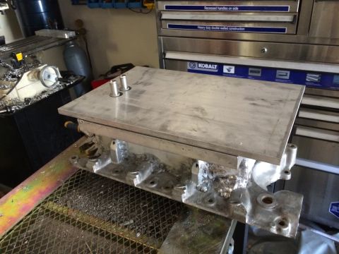 1996 Ford Bronco - Custom aluminum intake manifold with dual fittings, likely for a supercharger setup.