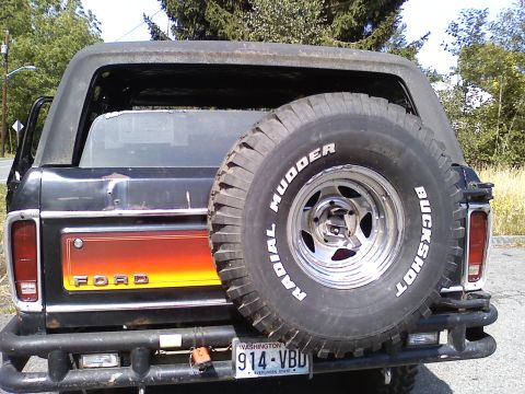 1979 Ford Bronco - Rear view of a Ford Bronco with a spare tire and a distinctive orange stripe on the fender.