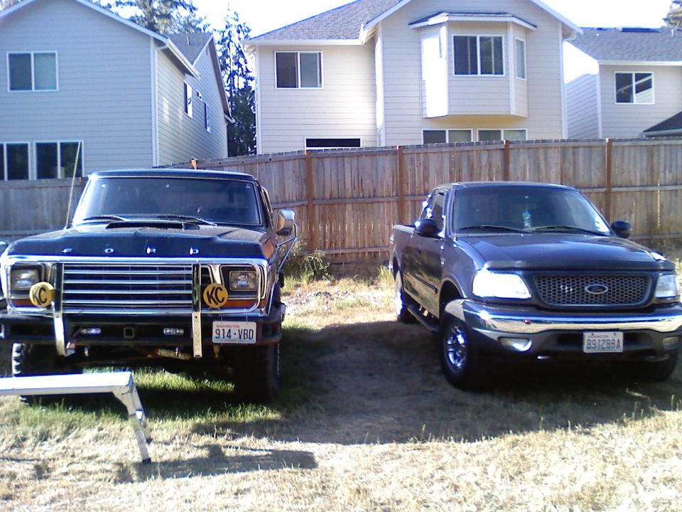 Dark blue 1979 Ford F-Series truck front view with KC lights and license plate 914-VBD