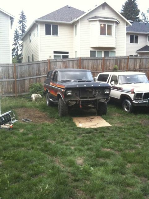 1979 Ford Bronco - Two Ford Broncos are parked in a grassy yard with houses in the background.