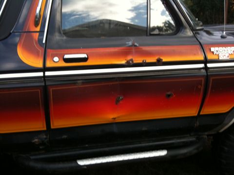 1979 Ford Bronco - Side view of a 1979 Ford Bronco showing custom paint and body damage.