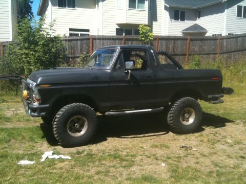 1979 Ford Bronco - This black 1979 Ford Bronco is shown in a grassy yard with houses in the background.