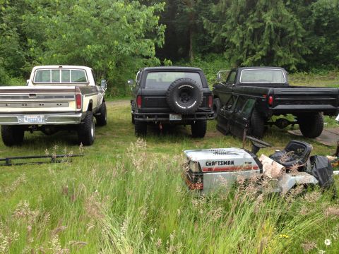 1979 Ford Bronco - Three Ford trucks and a Bronco are parked in a grassy area with a riding mower in front.