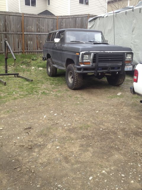 1979 Ford Bronco - This 1979 Ford Bronco is parked outside next to a wooden fence and a tarp-covered structure.