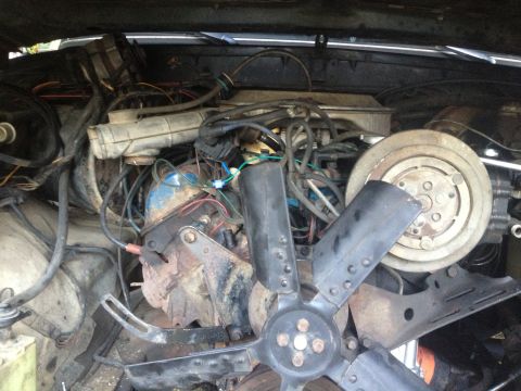 1979 Ford Bronco - Engine bay components including fan and AC compressor are visible in this close-up view.