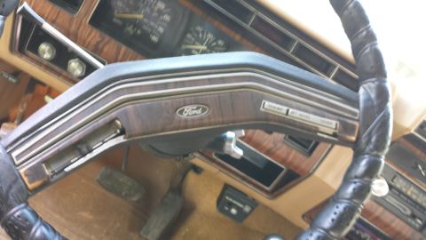 1984 Ford Bronco - The interior of a 1980 Ford Bronco shows wood grain trim and a Ford logo on the steering wheel.