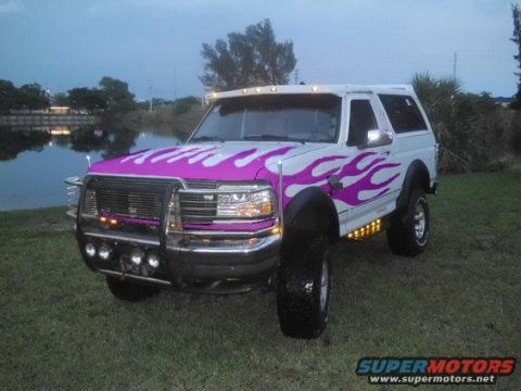 1994 Ford Bronco - This 1994 Ford Bronco features a custom paint job with purple flames and a prominent bull bar.