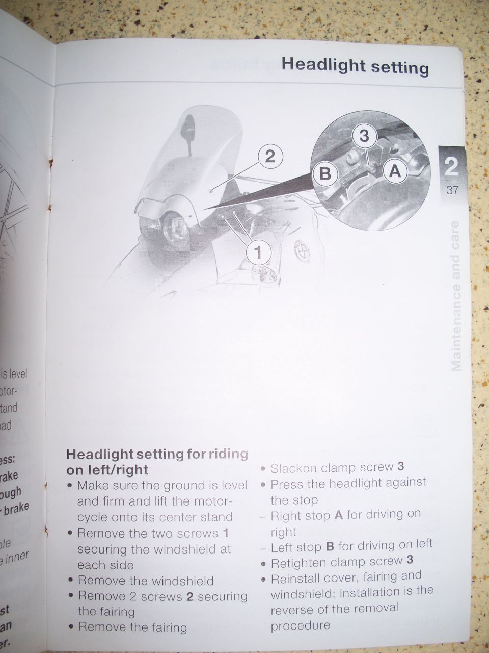 Page from a manual showing how to adjust a motorcycle headlight, with diagrams and instructions