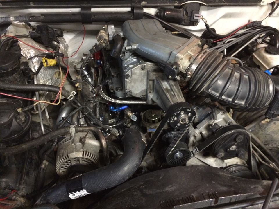 Engine bay with supercharger, hoses, and belts