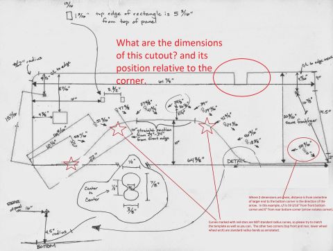 1994 Ford Bronco - Hand-drawn dimensioned template for a sheet-metal panel, annotating cutout size, radii, and corner positions in red.