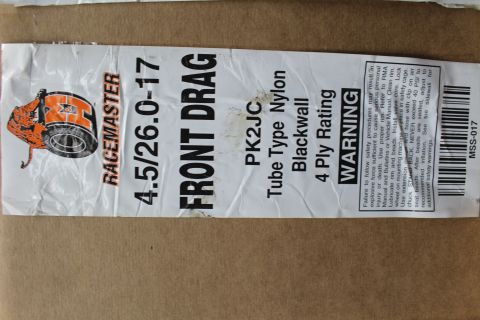 2003 Ford Crown Victoria - M&H Racemaster front drag tire box label listing size, tube-type nylon construction and warning text.