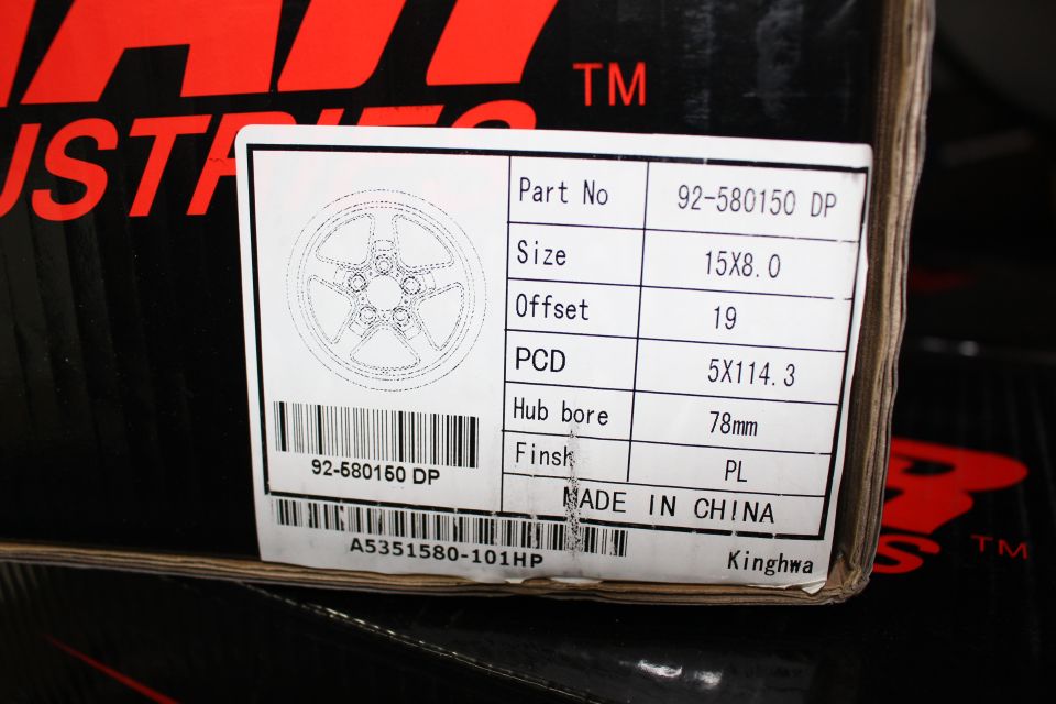 Wheel box label reading Part No 92-580150 DP, size 15x8.0, offset 19, 5x114.3, made in China