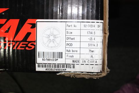2003 Ford Crown Victoria - white spec label on a wheel box listing part 92-74514 DP, size 17x4.5, offset -25.4, 5x114.3 PCD, 78mm hub bore.