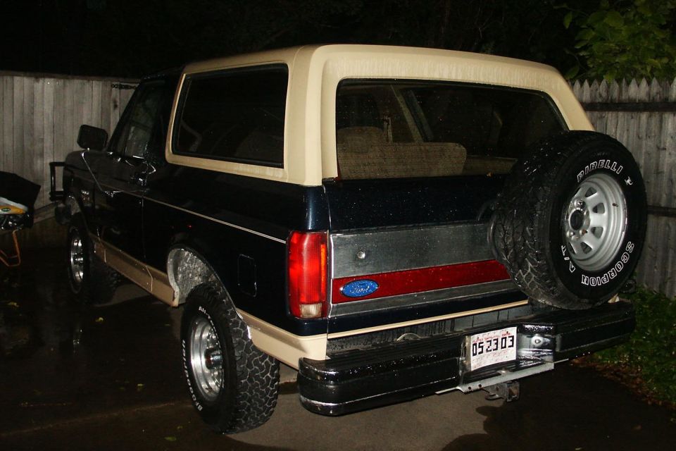 Blue and tan Ford Bronco at night with two Pirelli Scorpion spare wheels leaning on the tailgate