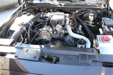 2003 Ford Crown Victoria - engine bay shows a supercharged motor with a blue coolant hose and a red-topped battery cutoff switch.
