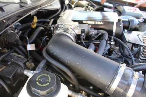 2003 Ford Crown Victoria - Close view of a black intake elbow feeding a Kenne Bell supercharger, surrounded by braided hoses and a reservoir cap labeled 'caution unde…